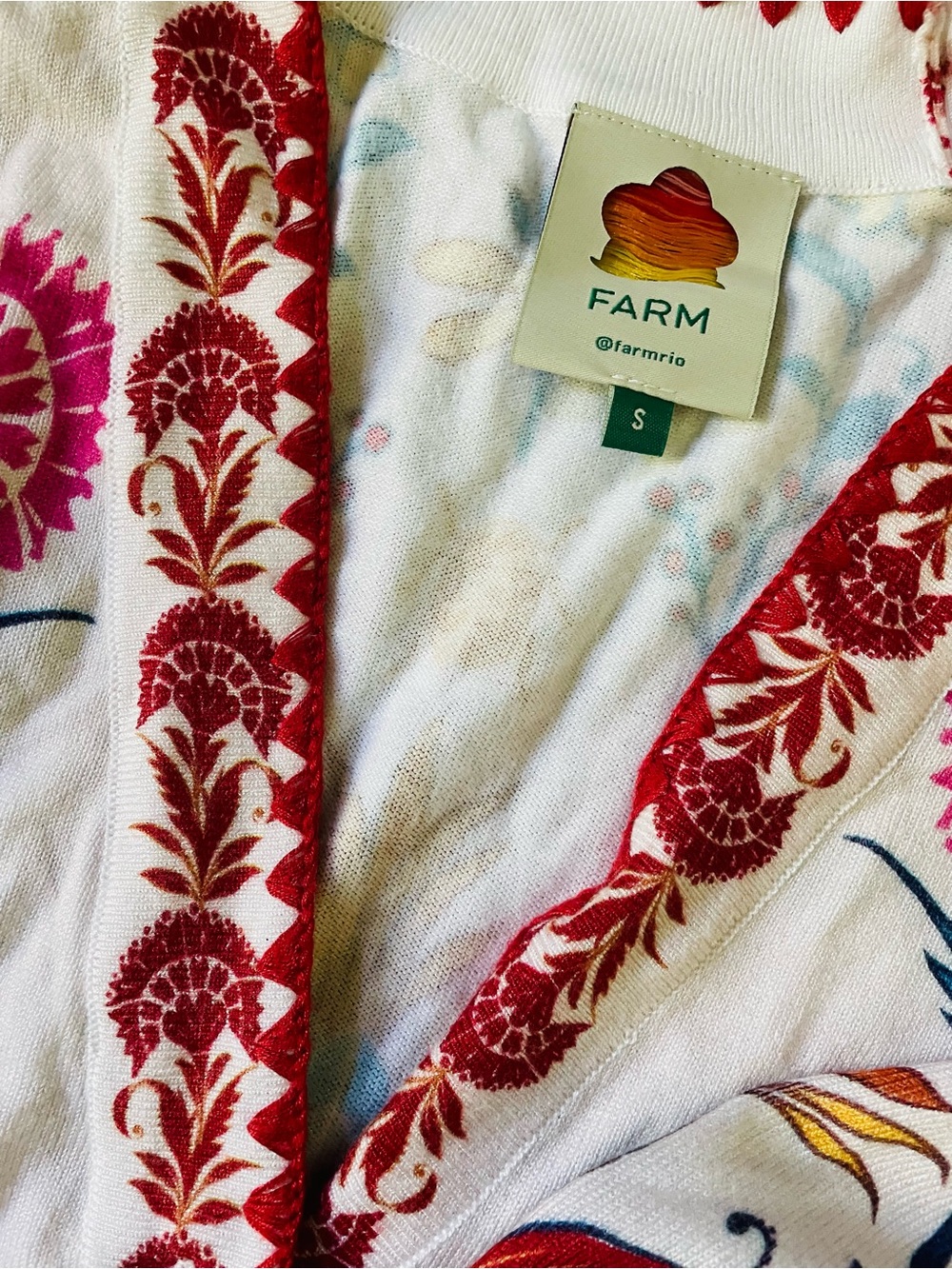FARM Rio Ivory Cardigan with Red Trim and Pink Floral Accents - Picture 5 of 6